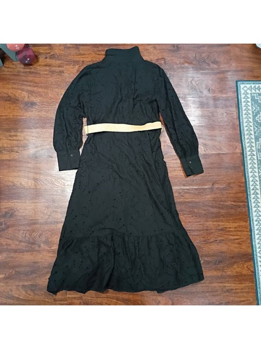 MNG Black Cottagecore Whimsy Boho Dress S With Eyelet Designs & Belted Preppy - Picture 14 of 15